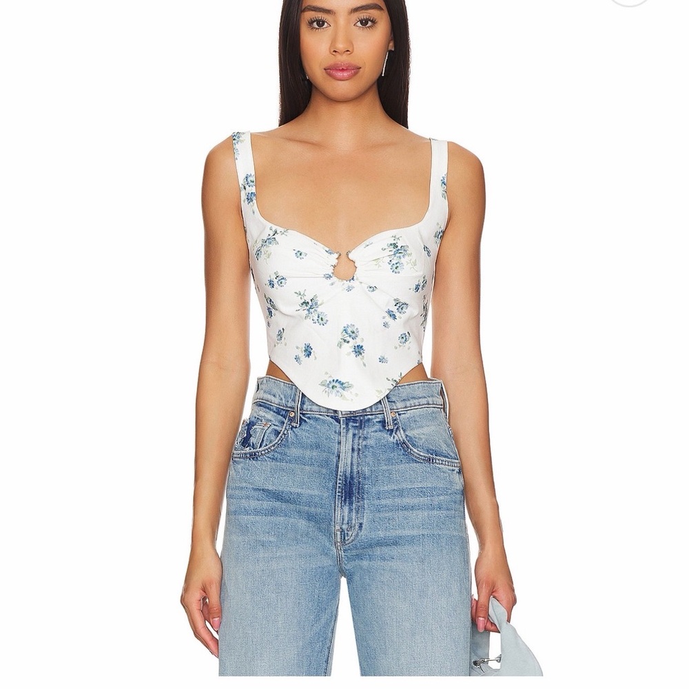 New with tags Bardot White Floral Corset Crop Top with Blue Blossoms